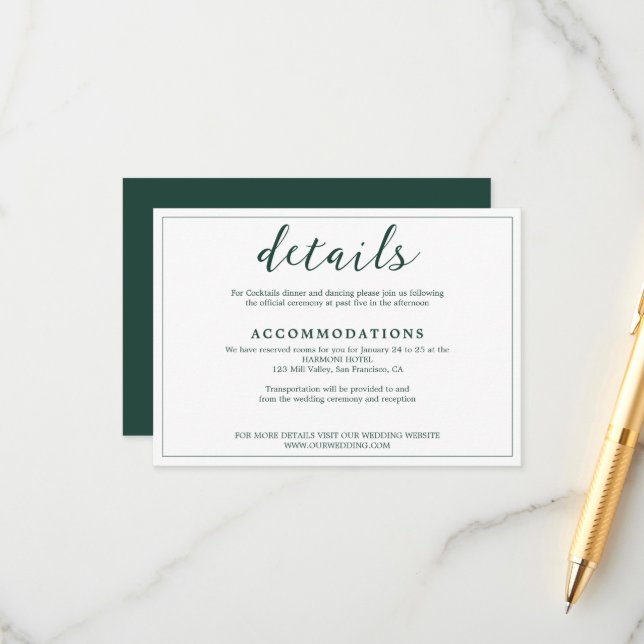 Elegant White Emerald Green Border Script Wedding Enclosure Card (Front/Back In Situ)