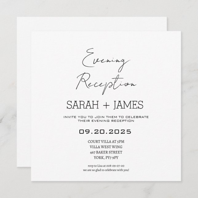 Elegant White Evening Reception Wedding Square Invitation (Front/Back)