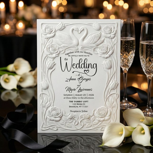 Elegant White Faux 3D Embossed Swans Floral  Invitation (Creator Uploaded)