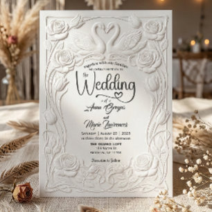 Elegant White Faux 3D Embossed Swans Floral  Invitation