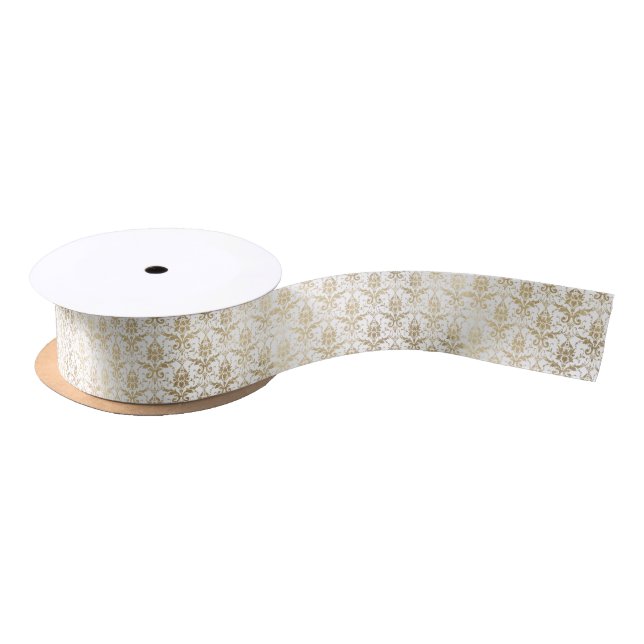Elegant white faux gold antique floral damask satin ribbon (Spool)