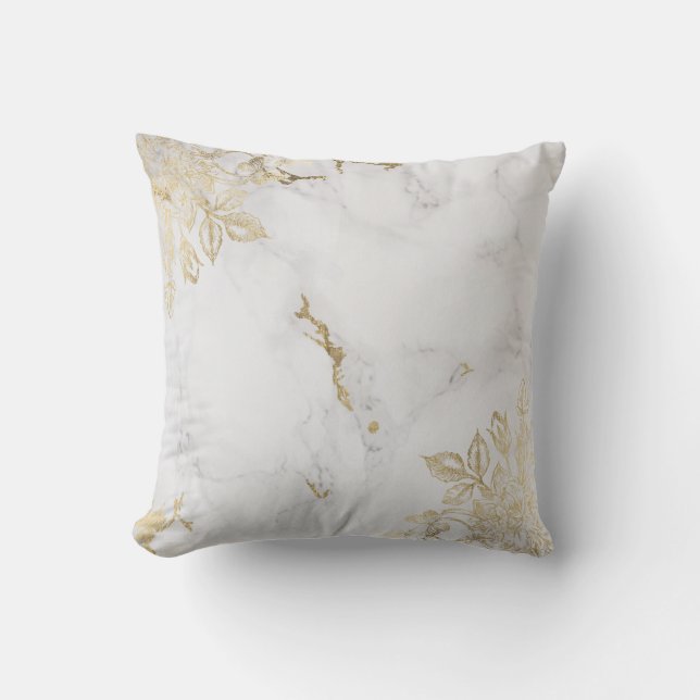 Elegant white faux gold chic marble luxury floral cushion (Front)