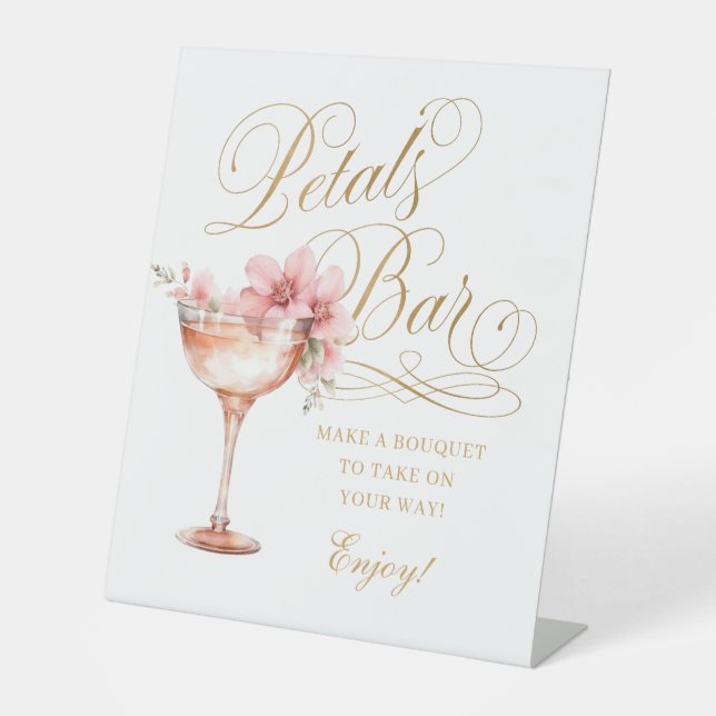 Elegant White Faux Gold Pink Petals Bar Pedestal Sign (Front)