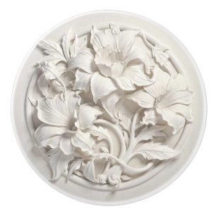 Elegant White Faux Relief Flowers Ceramic Knob
