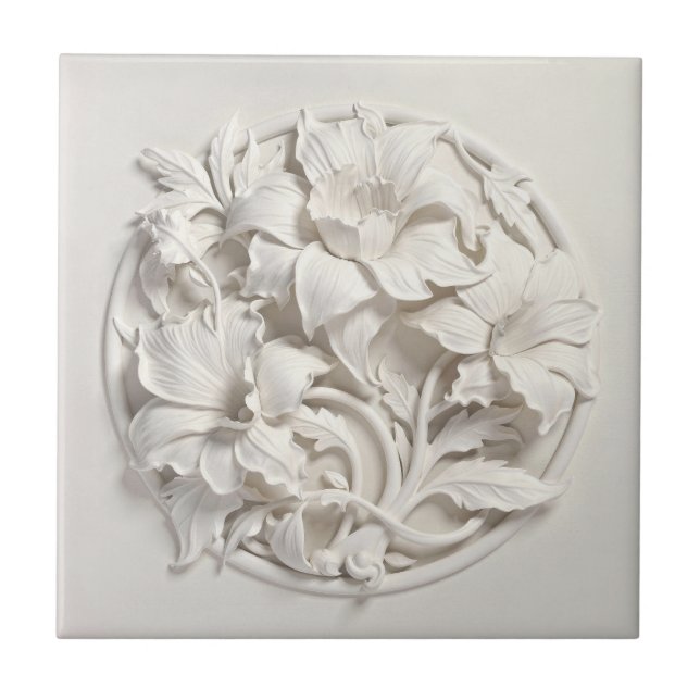 Elegant White Faux Relief Flowers Tile (Front)
