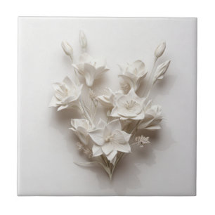 Elegant White Faux Relief Flowers Tile