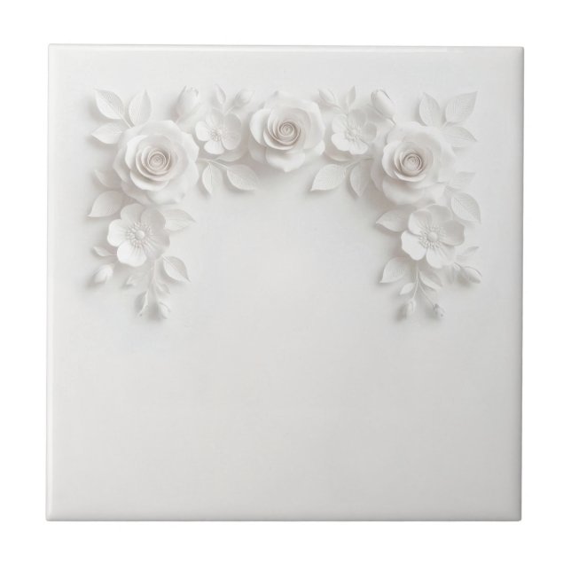 Elegant White Faux Relief Roses Tile (Front)