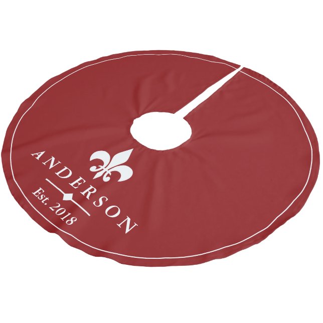 Elegant White Fleur de Lis & Red | Personalised Brushed Polyester Tree Skirt (Angled)