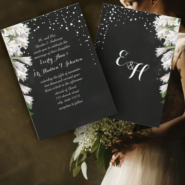 Elegant White Flora on Black Wedding Invitation (Creator Uploaded)
