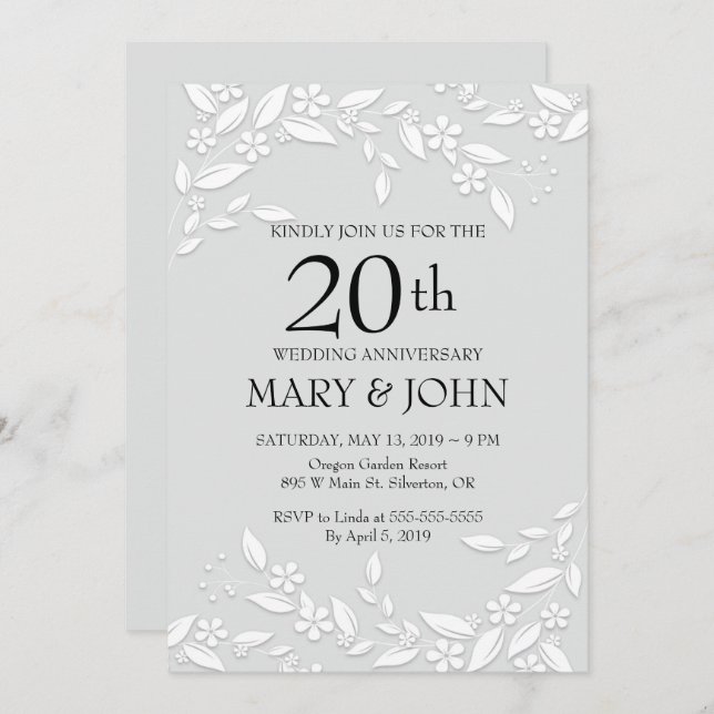 Elegant White Floral 20th Anniversary Invite (Front/Back)