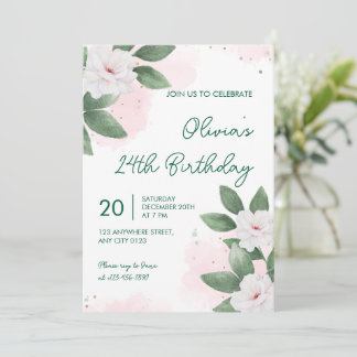 Elegant White Floral 24th Birthday Invitation