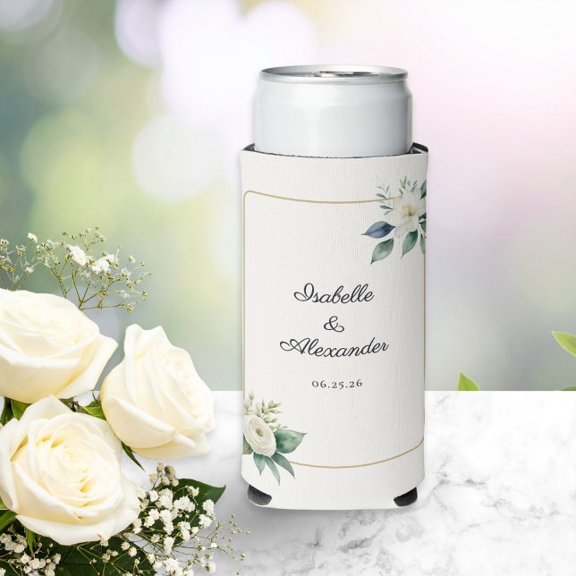 Elegant White Floral and Gold Frame Wedding Seltzer Can Cooler (A floral can cooler wedding favor, personalized with the newlyweds' names and wedding date)