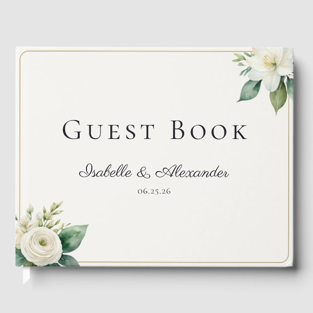 Elegant White Floral and Greenery Custom Wedding Guest Book (Front)