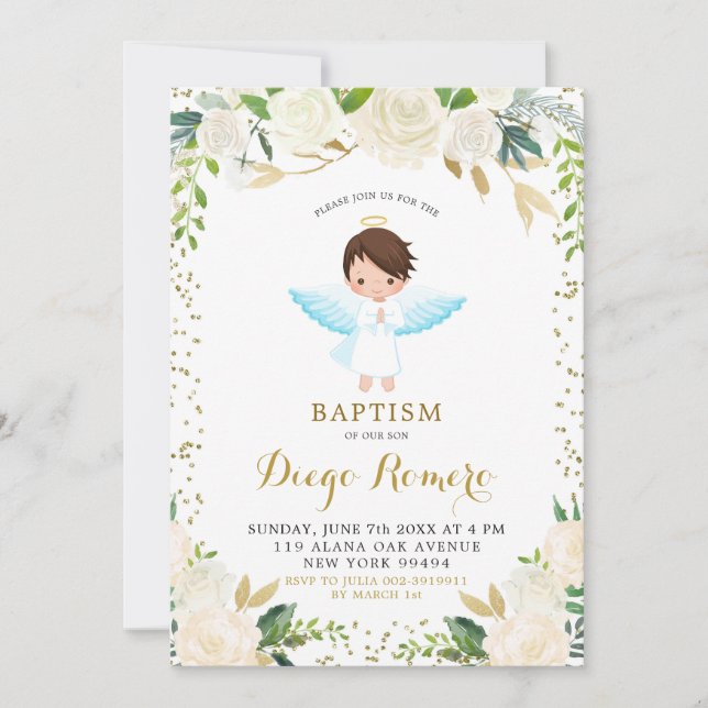Elegant White Floral Angelic Boy Baptism Invitation (Front)