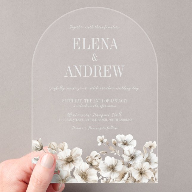 Elegant White Floral Arch Wedding Acrylic Invitations (Elegant White Floral Arch Wedding Acrylic Invitations, Clear Invite, In bloom, Modern Chic, Winter)