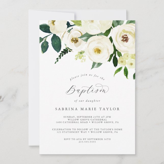 Elegant White Floral Baptism Invitation (Front)