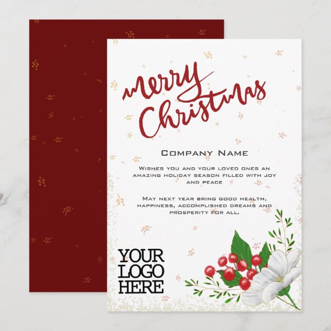 Elegant White Floral Berries Snow Merry Christmas Holiday Card (Front/Back)