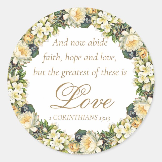 Elegant White Floral Bible Verse Christian Wedding Classic Round Sticker (Front)