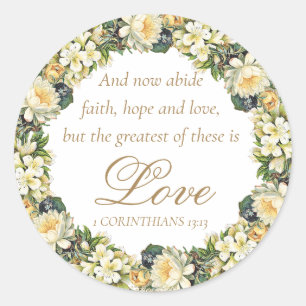 Elegant White Floral Bible Verse Christian Wedding Classic Round Sticker