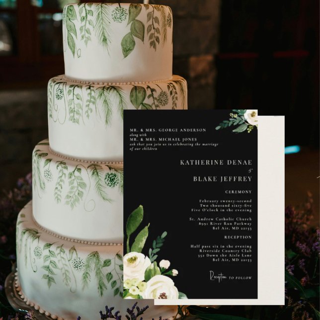 Elegant White Floral Black and Cream 2 Venue Invitation (Creator Uploaded)