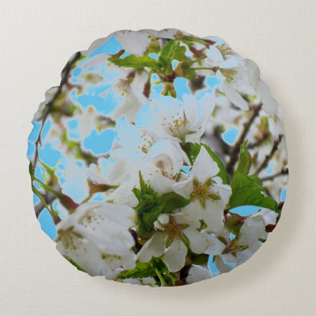 Elegant white floral blossom photo round cushion (Front)