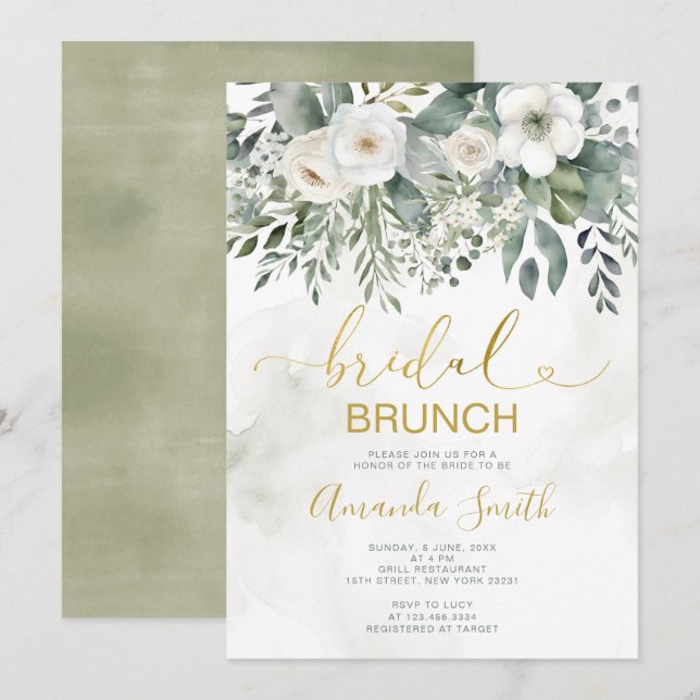 Elegant White Floral Bridal Brunch Shower Gold Invitation (Front/Back)