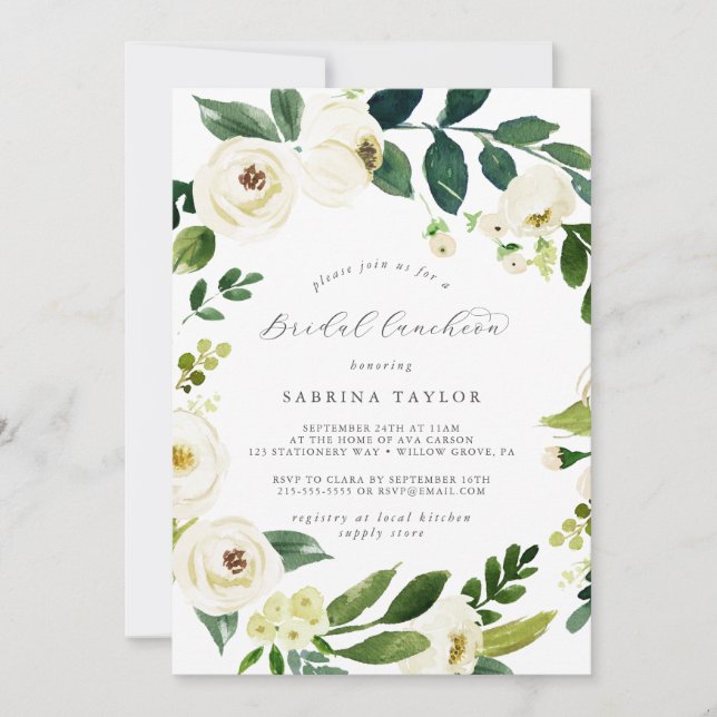 Elegant White Floral Bridal Luncheon Invitation (Front)