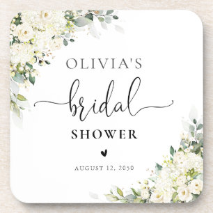 Elegant White Floral Bridal Shower Coasters
