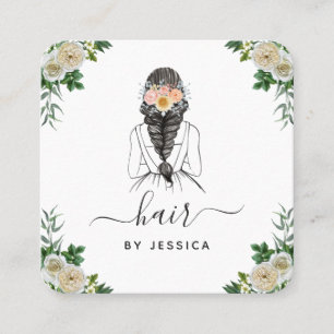 Elegant White Floral Bride Hairstyle Braid QR Code Square Business Card