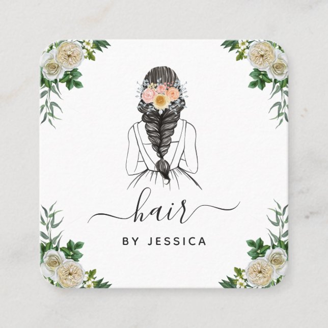 Elegant White Floral Bride Hairstyle Braid QR Code Square Business Card (Front)