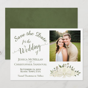 Elegant White Floral Calligraphy & Photo Wedding Save The Date