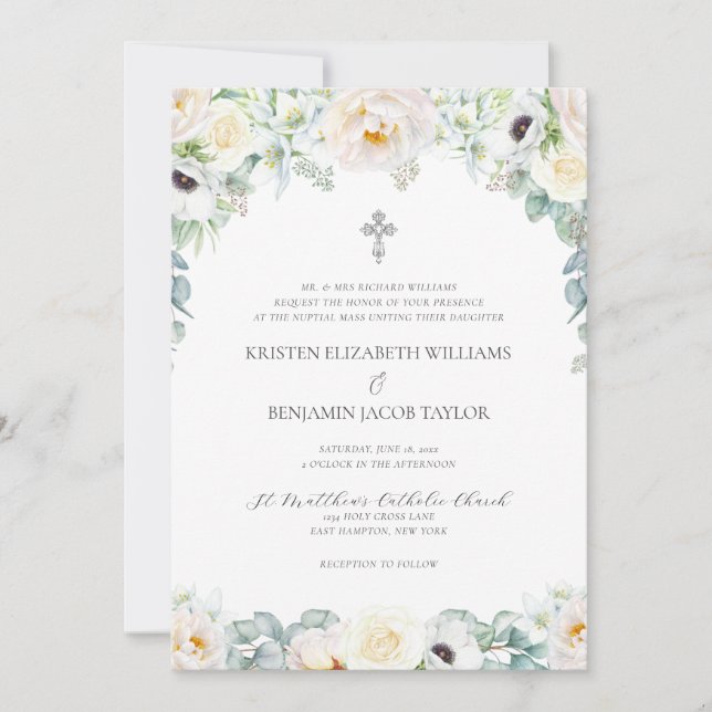 Elegant White Floral Catholic Wedding with RSVP Invitation (Front)