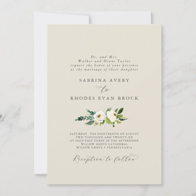 Elegant White Floral | Champagne Formal Wedding Invitation (Front)