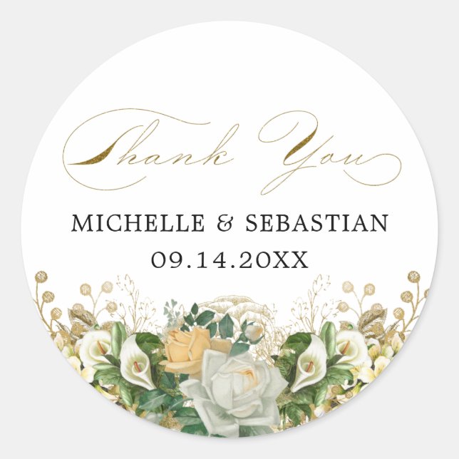 Elegant White Floral Chic Gold Thank You Classic Round Sticker (Front)