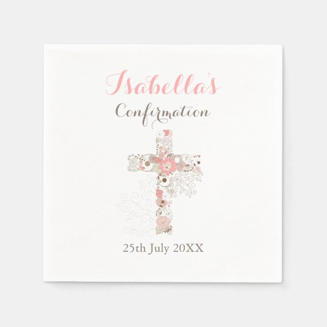 Elegant white floral cross name girl confirmation napkin (Front)