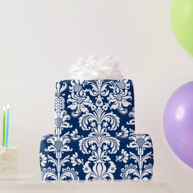 Elegant White Floral Damasks Blue Background Wrap Wrapping Paper (Party Gifts)