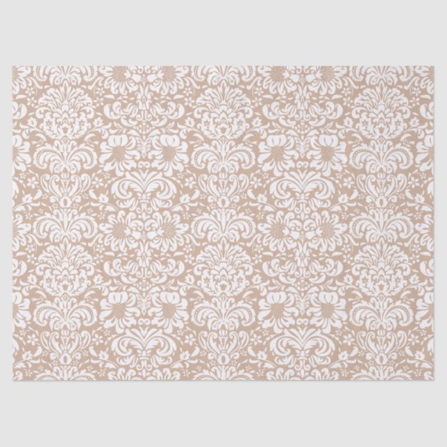 Elegant White Floral Damasks Over Tan Background Tissue Paper (Front)