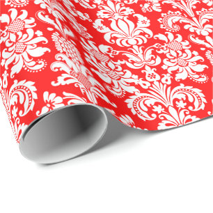 Elegant White Floral Damasks red Background Wrapping Paper