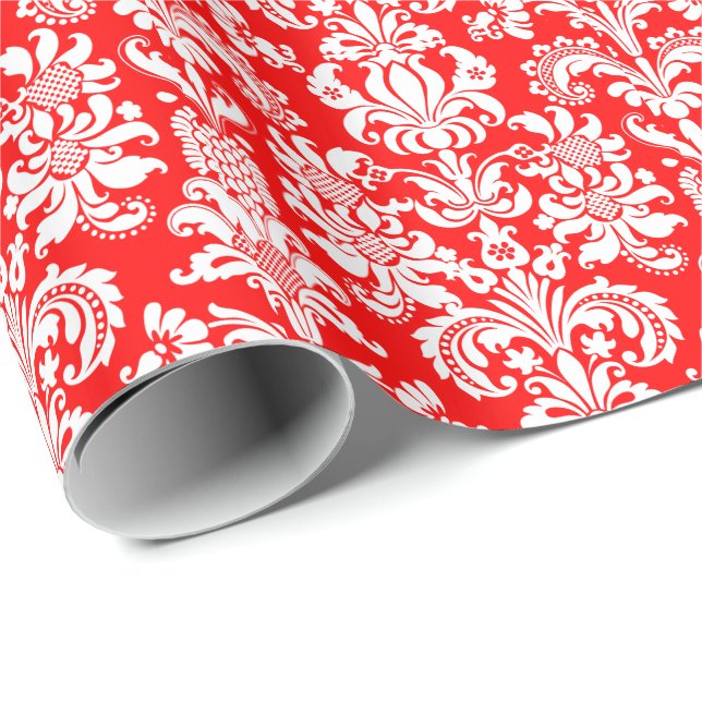 Elegant White Floral Damasks red Background Wrapping Paper (Roll Corner)