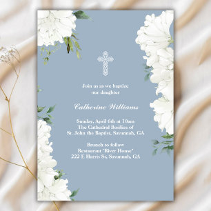 Elegant White Floral Dusty Blue Baptism Invitation