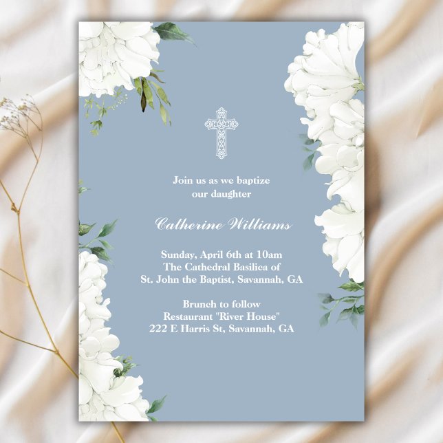 Elegant White Floral Dusty Blue Baptism Invitation (Elegant White Floral Dusty Blue Baptism Invitation)