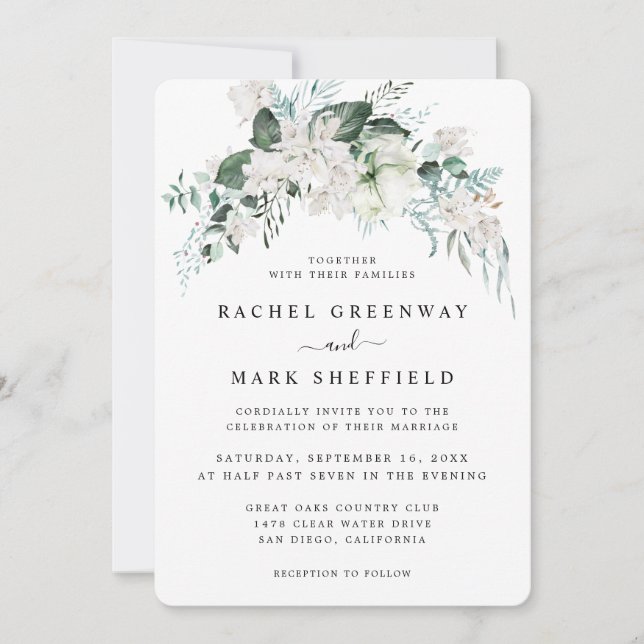 Elegant White Floral Dusty Blue Greenery Wedding Invitation (Front)
