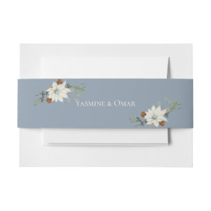 Elegant White Floral Dusty Blue Invitation Belly Band