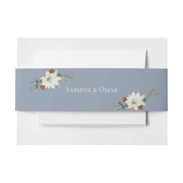 Elegant White Floral Dusty Blue Invitation Belly Band (Front Example)