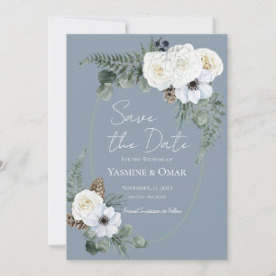 Elegant White Floral Dusty Blue Save the Date Invitation