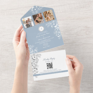 Elegant White Floral Dusty Blue Wedding All In One Invitation