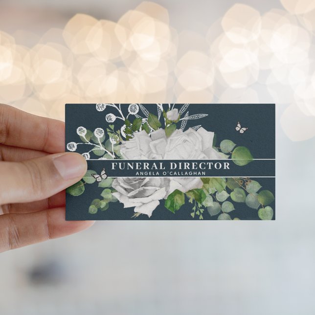 Elegant White Floral & Eucalyptus Funeral Director Business Card (Creator Uploaded)
