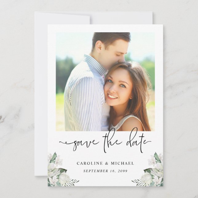 Elegant White Floral Eucalyptus Greenery Wedding Save The Date (Front)