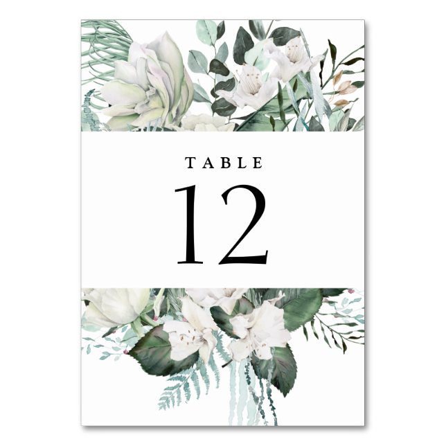 Elegant White Floral Eucalyptus Greenery Wedding Table Number (Front)