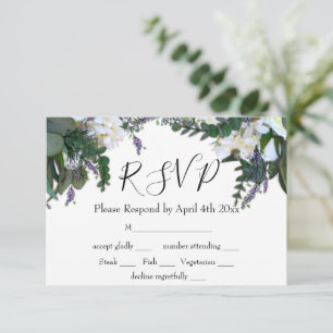 Elegant white floral eucalyptus lavender RSVP  Card